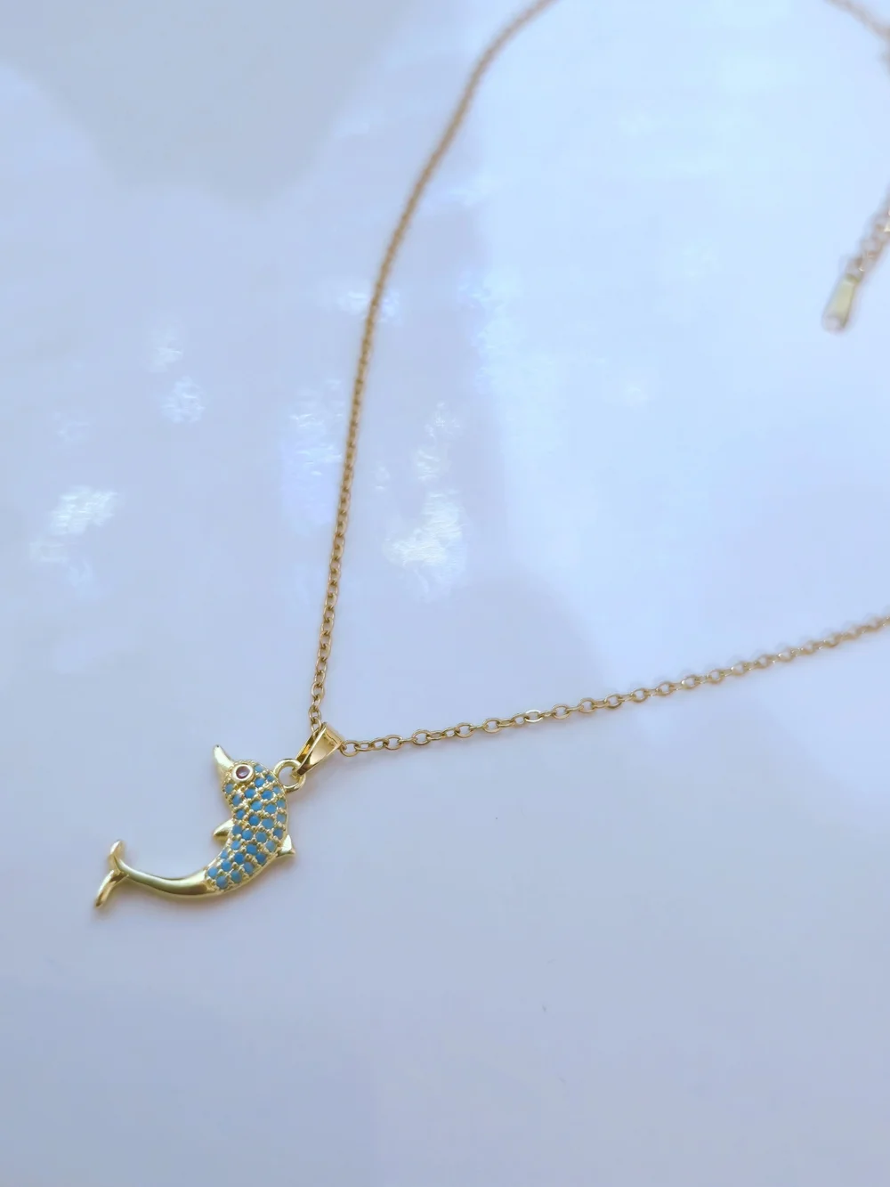 Gold Dolphin Pendant Necklace with Blue Zircon Accents Sea Life Beach Summer B03